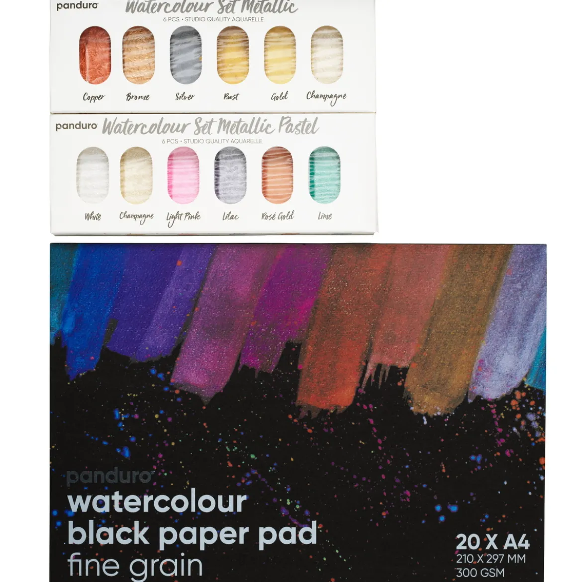 Akvarellsett Panduro Metallic – 1 svart akvarellblokk A4 + 12 metallic-akvarellfarger