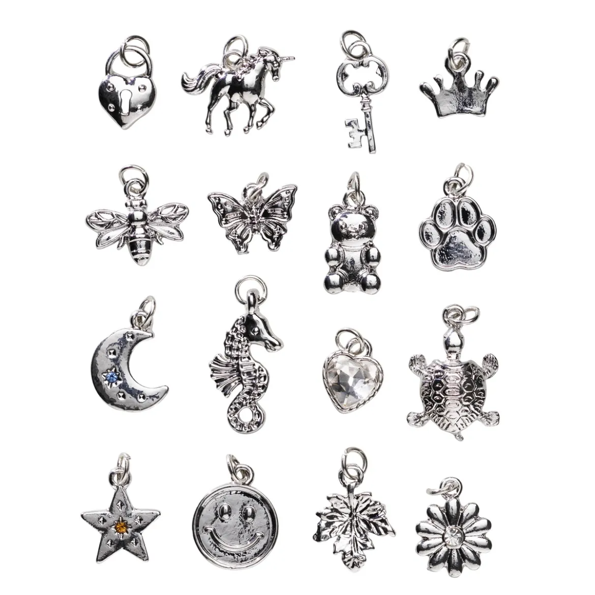 Anheng / charms i sølvfarge 16 stk. – smilefjes, enhjørning, hjerte m.m.