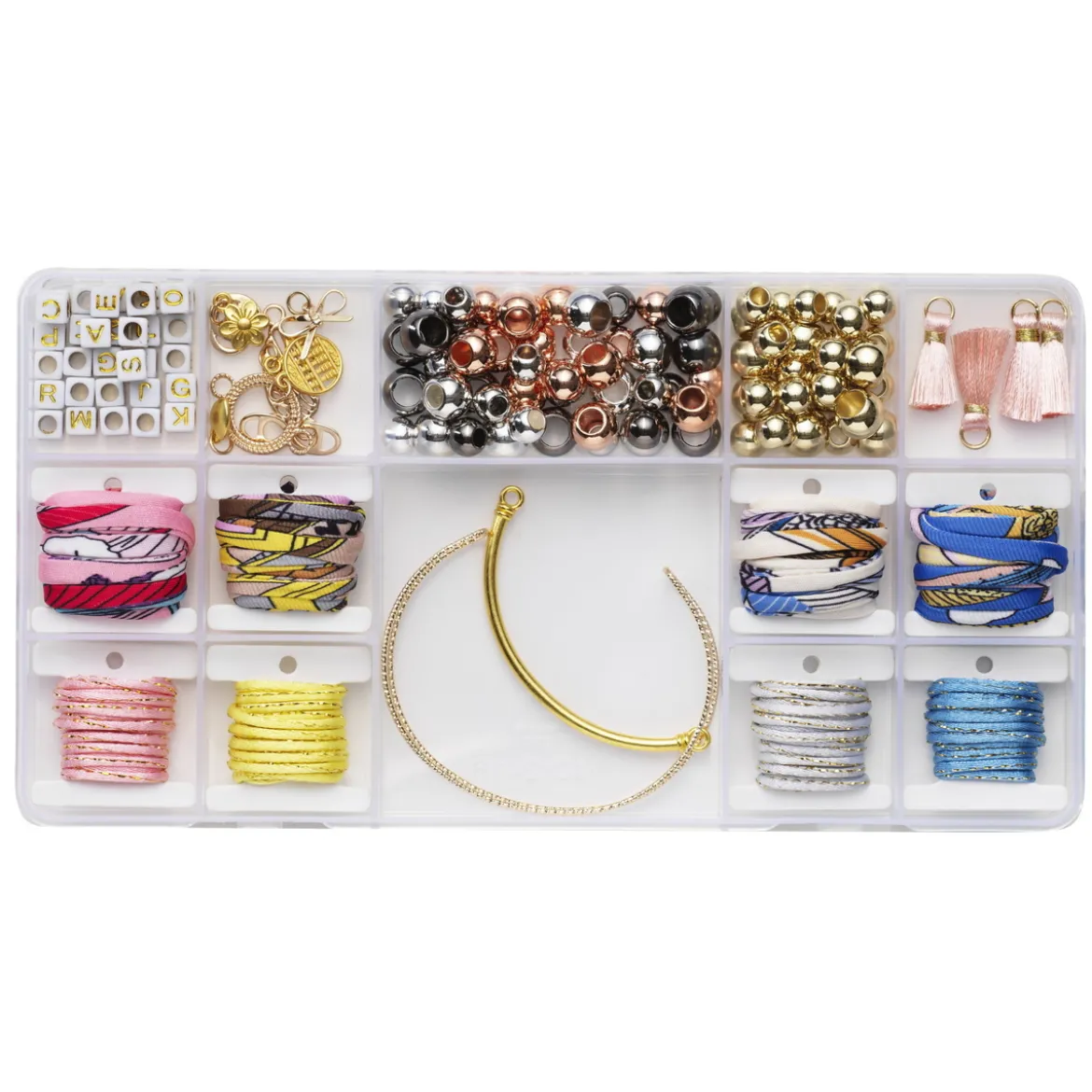 Armbåndsett, alt for å lage tekstilarmbånd – bling, perler, dusker og sløyfer!