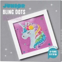 Bling Dots bilde unicorn, diamond painting for barn – bling dots, motiv og bilderamme på 19×19 cm