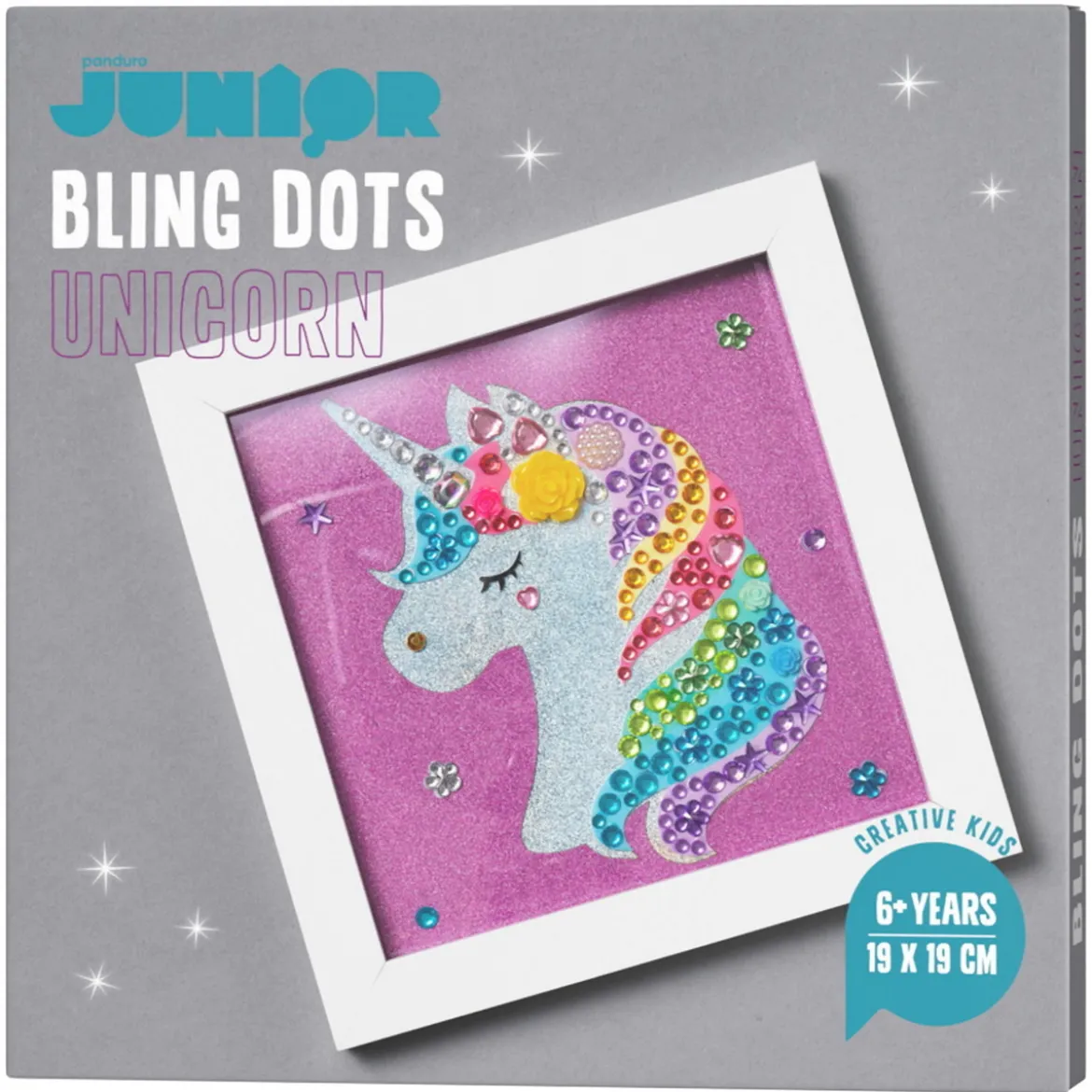 Bling Dots bilde unicorn, diamond painting for barn – bling dots, motiv og bilderamme på 19×19 cm