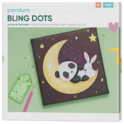 Bling Dots, diamond painting for barn over 6 år, panda på selvlysende måne, lerret 20×20 cm