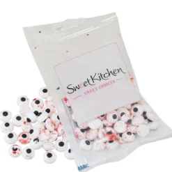 Blodsprengte sukkerøyne Ø10 mm, godteriøyne til å dekorere kaker og muffins med. 35 gram