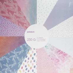 Blokk med designark 30×30 cm i lyse farger og mønstre, 24 ark, 230 g/m²