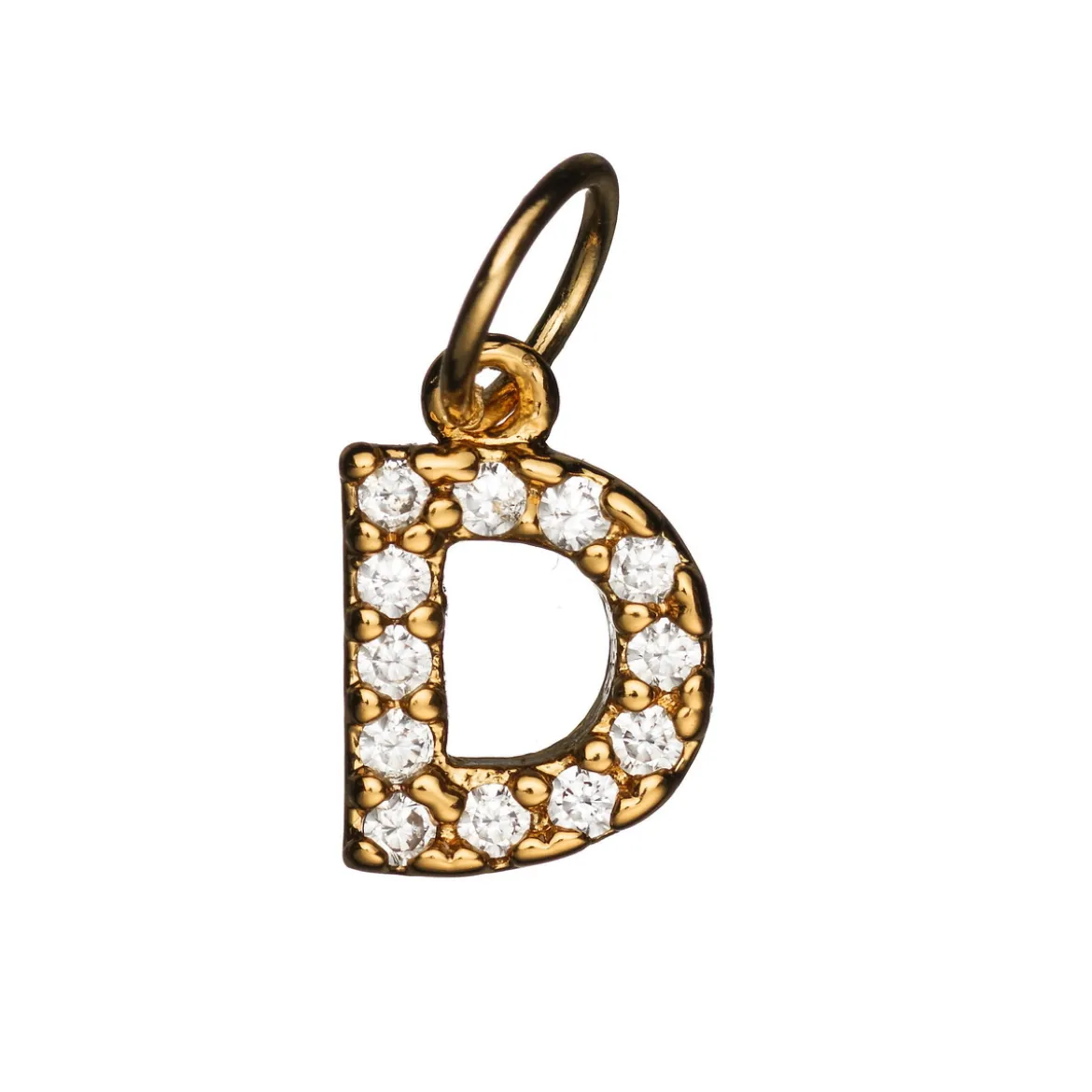 Bokstavanheng med strass D – lengde 7 mm, messing, belagt med 9 karat gull