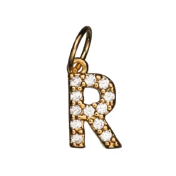 Bokstavanheng med strass R – lengde 7 mm, messing, belagt med 9 karat gull