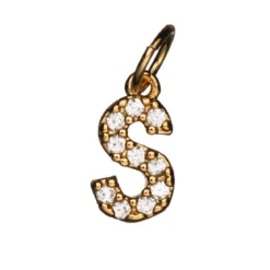 Bokstavanheng med strass S – lengde 7 mm, messing, belagt med 9 karat gull