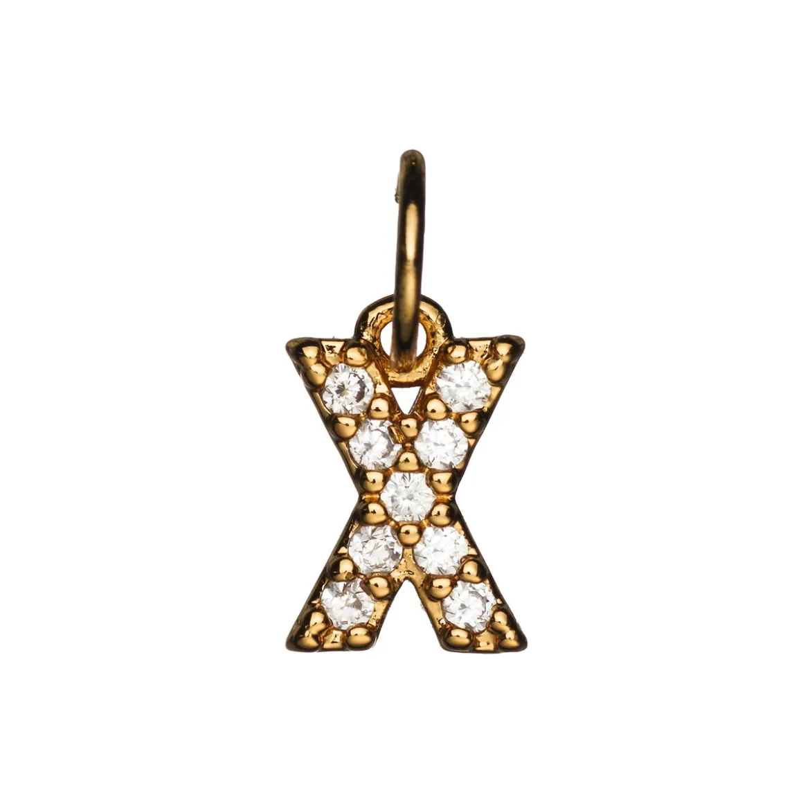 Bokstavanheng med strass X – lengde 7 mm, messing, belagt med 9 karat gull