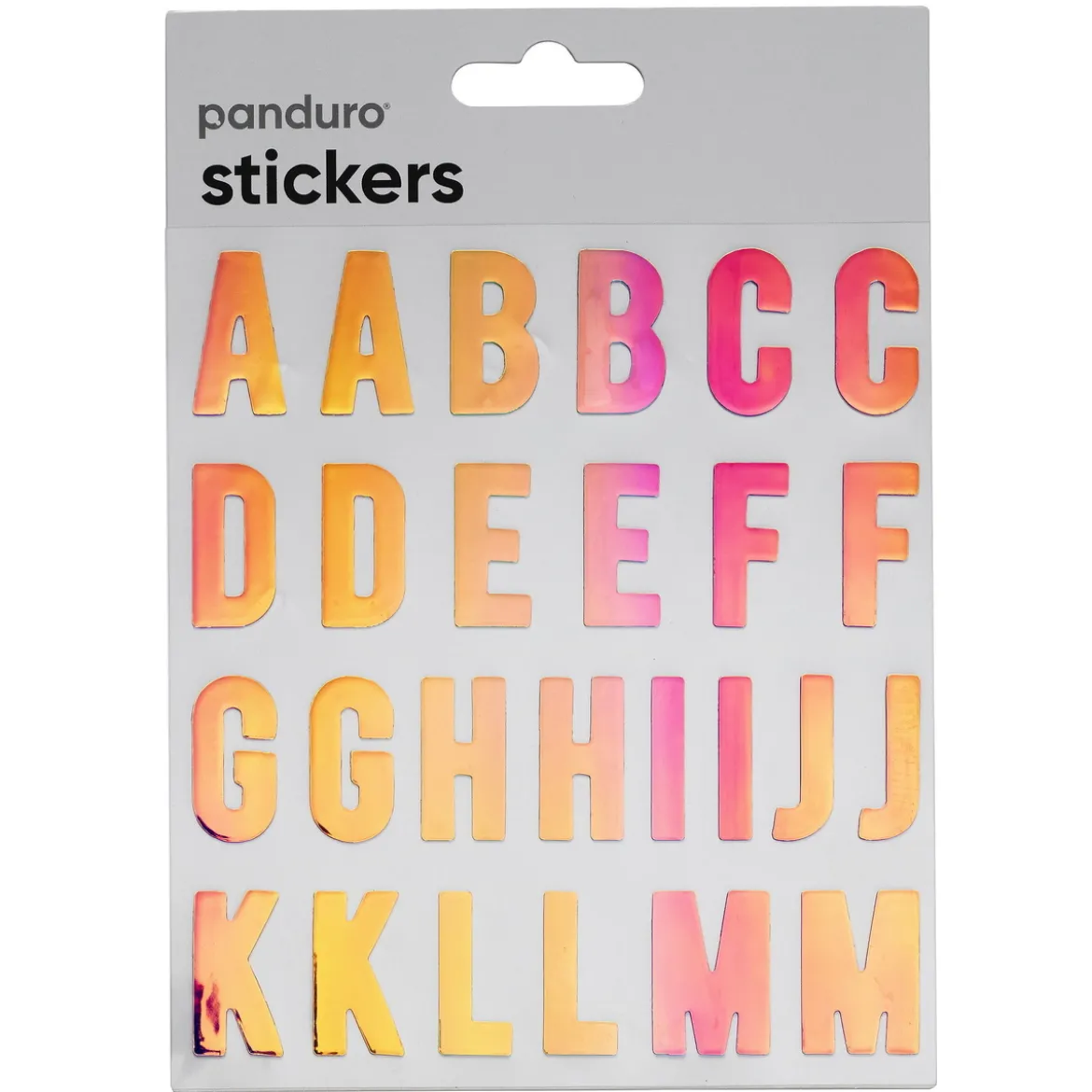 Bokstaver klistremerker A–Z iriserende sølvglitter, 52 alfabetstickers, 25 mm høye