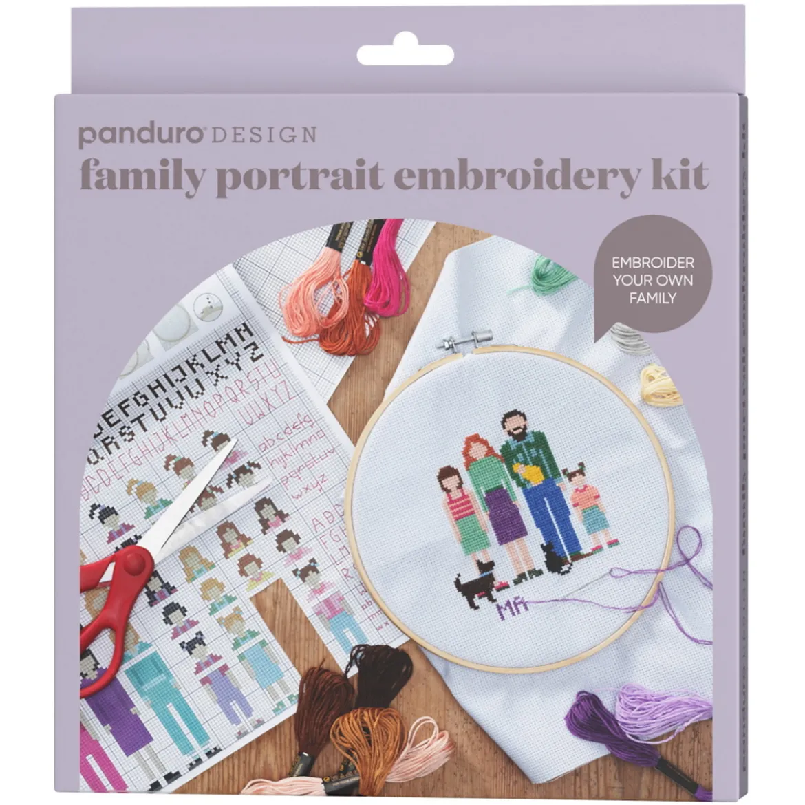 Broder et familieportrett – sett med broderiring, broderitråd og mønster
