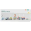Bursdagstog av tre malt i pastellfarger, med tallene 0–9. Lengde 43 cm