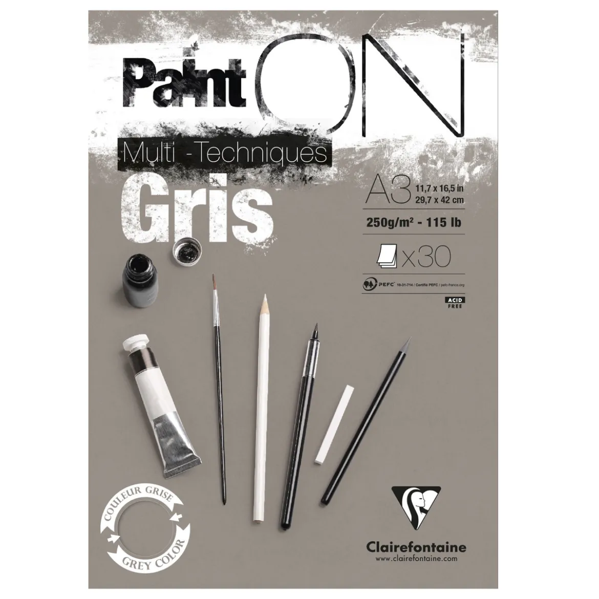 Clairefontaine Paint ON Multi Techniques blokk A3 (297×420 mm), 30 grå ark, 250 g/m²