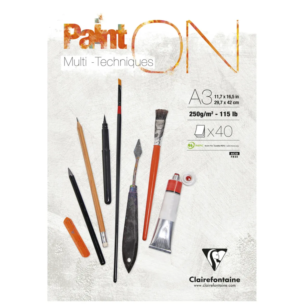 Clairefontaine Paint ON Multi Techniques blokk A3 (297×420 mm), 30 hvite ark, 250 g/m²