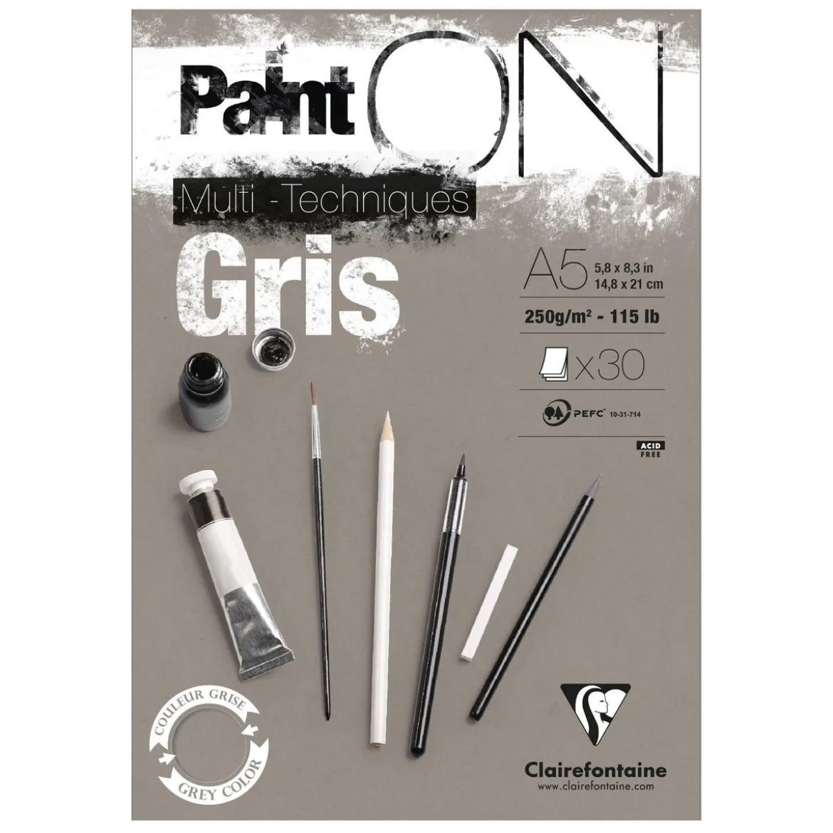Clairefontaine Paint ON Multi Techniques blokk A5 (148×210 mm), 30 grå ark, 250 g/m²