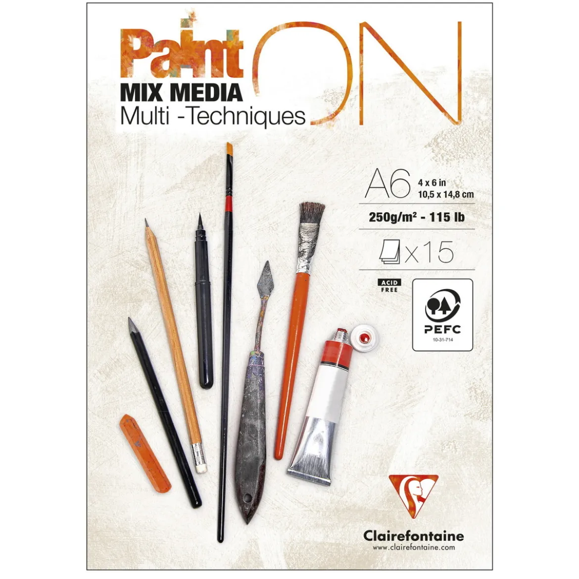 Clairefontaine Paint ON Multi Techniques blokk A6 (105×148 mm), 15 hvite ark, 250 g/m²