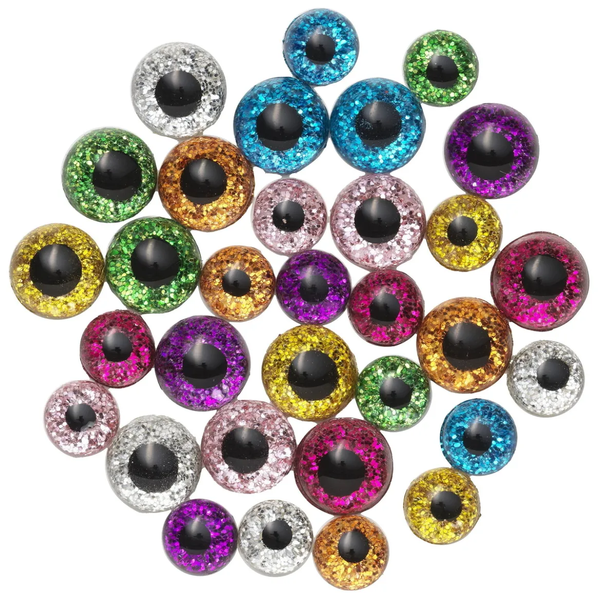 Dekorøyne glitrende øyne av glass med glitter 32 stk. Ø8/10 mm, 5 mm tykke