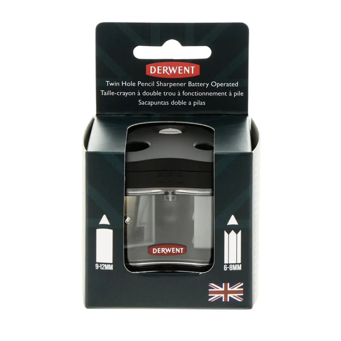 Derwent batteridrevet blyantspisser Twin Hole – vanlige blyanter og jumboblyanter, 4×AA