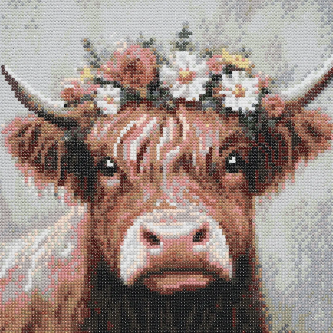 Diamond Painting ku med blomsterkrans! 30×30 cm vev + perler, silikon og pinsett