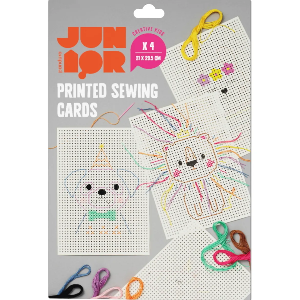 DIY-kit Sykort for barn – 4 morsomme motiver, 9×8 m broderitråd og plastnål