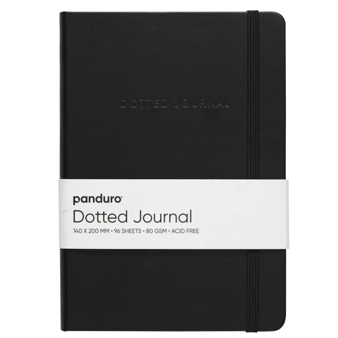 Dotted Journal 140×200 mm, svart omslag av fuskelær, 96 prikkete ark, 80 g/m²