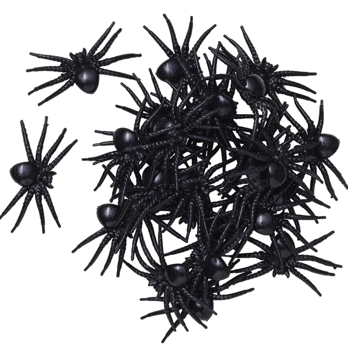 Edderkopper i plast til Halloween, 28 stk. i 3 størrelser – 2×2 / 2,8×3 / 3×4 cm