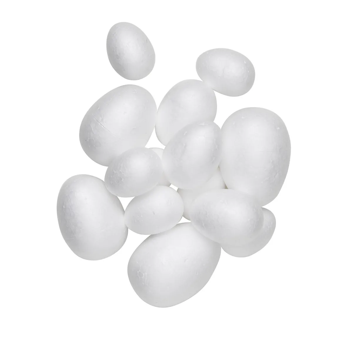 14 egg av isopor i en miks med 4 ulike størrelser, diameter 3 / 4 / 5 / 6 cm