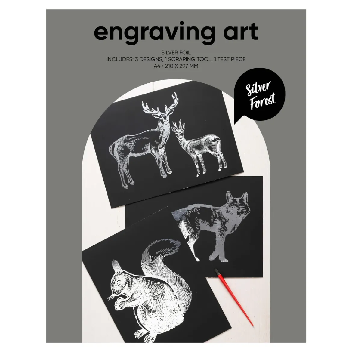 Engraving art Silver Forest – scratch art med 3 stk. A4-ark, sølvfargede skogsmotiver
