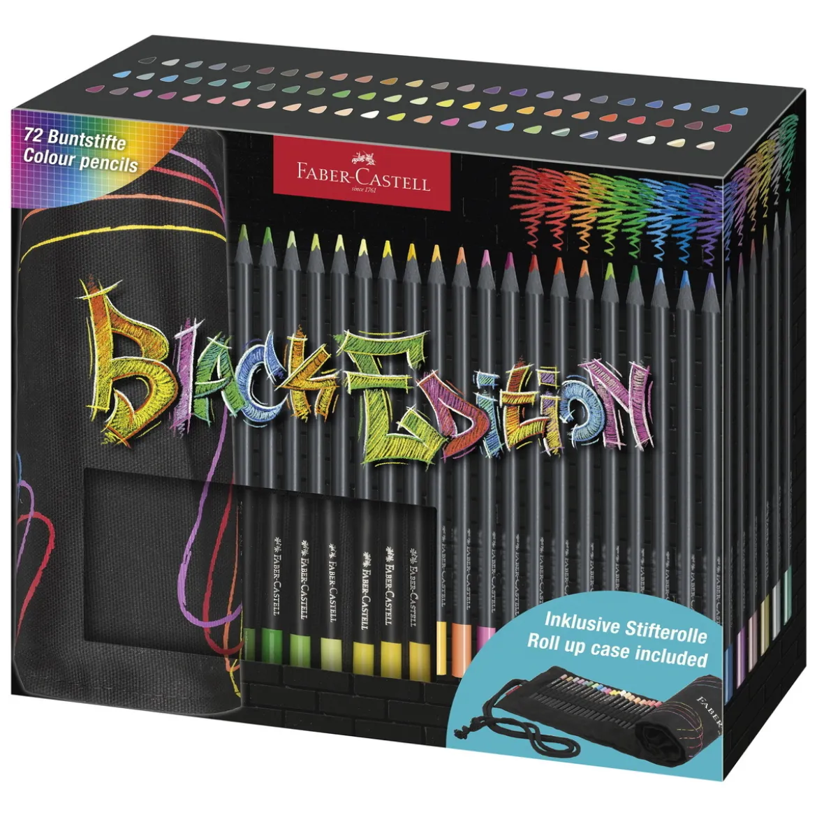 Faber-Castell Black Edition voksbaserte fargeblyanter 72-pakning + sammenrullbart pennal