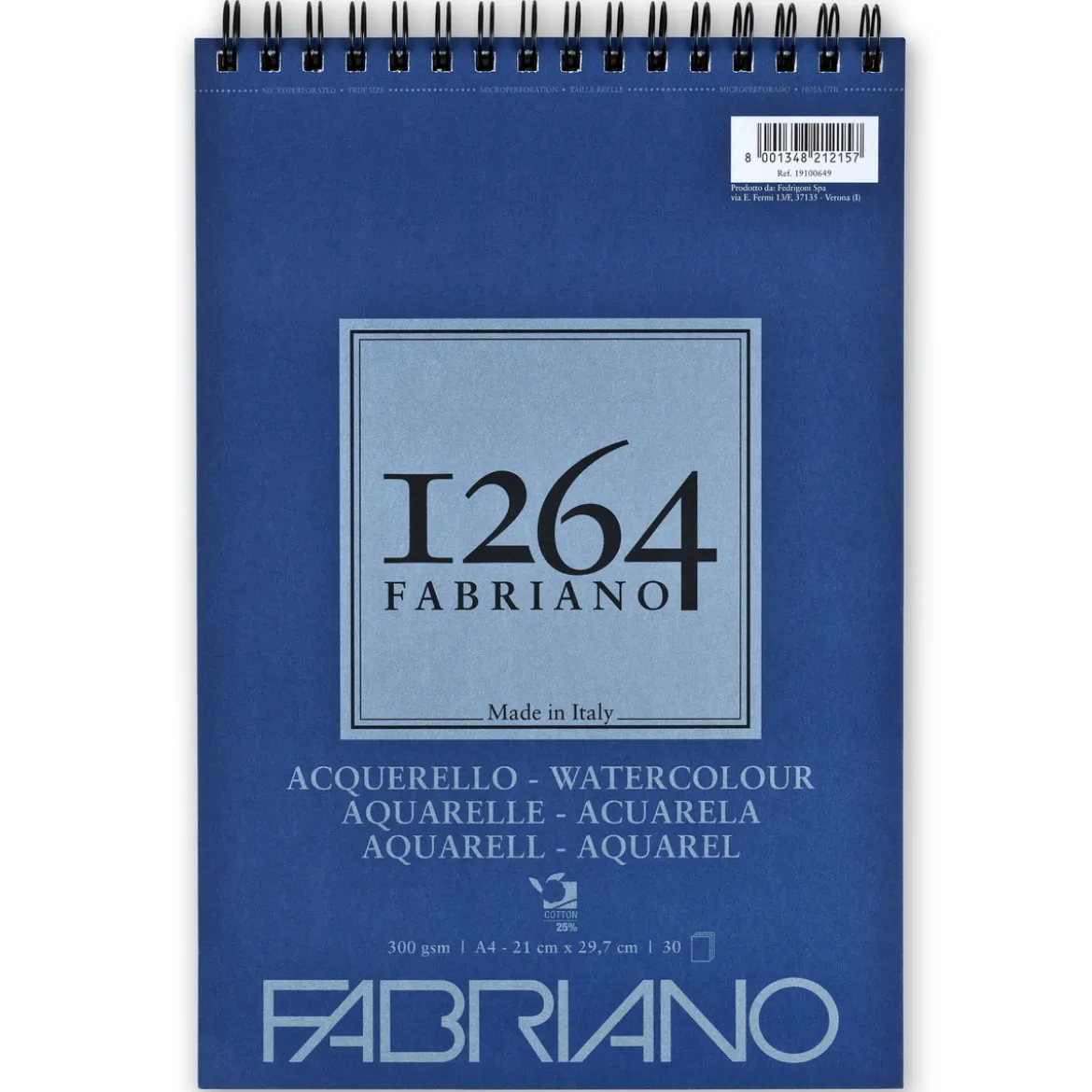 Fabriano akvarellblokk F-1264 A4 (210×297 mm), 30 ark, vekt 300 gram.