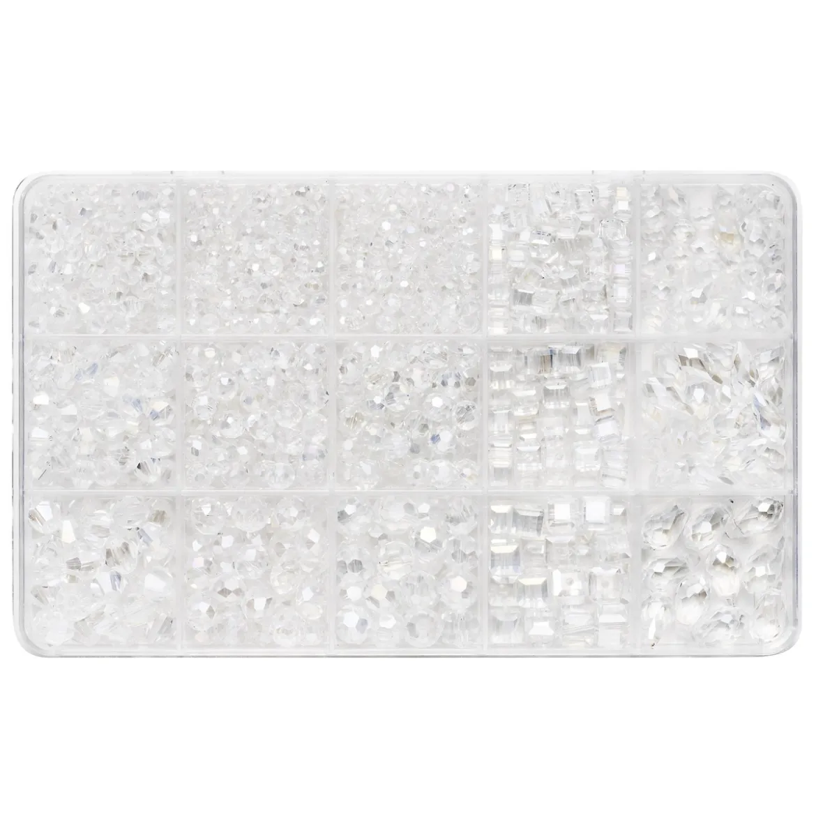 Fasetterte klare glassperler i mange ulike former, ca. 975 stk. perler.
