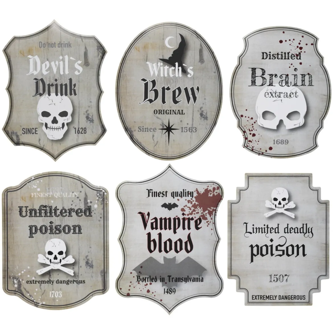 Flaskeetiketter til Halloween, 6 motbydelige temaer. Størrelse 10×10–13 cm