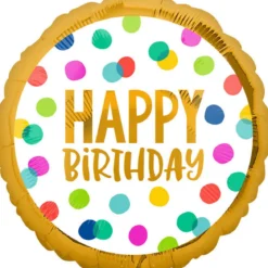 Folieballong Ø45 cm – fargerike prikker med teksten Happy birthday