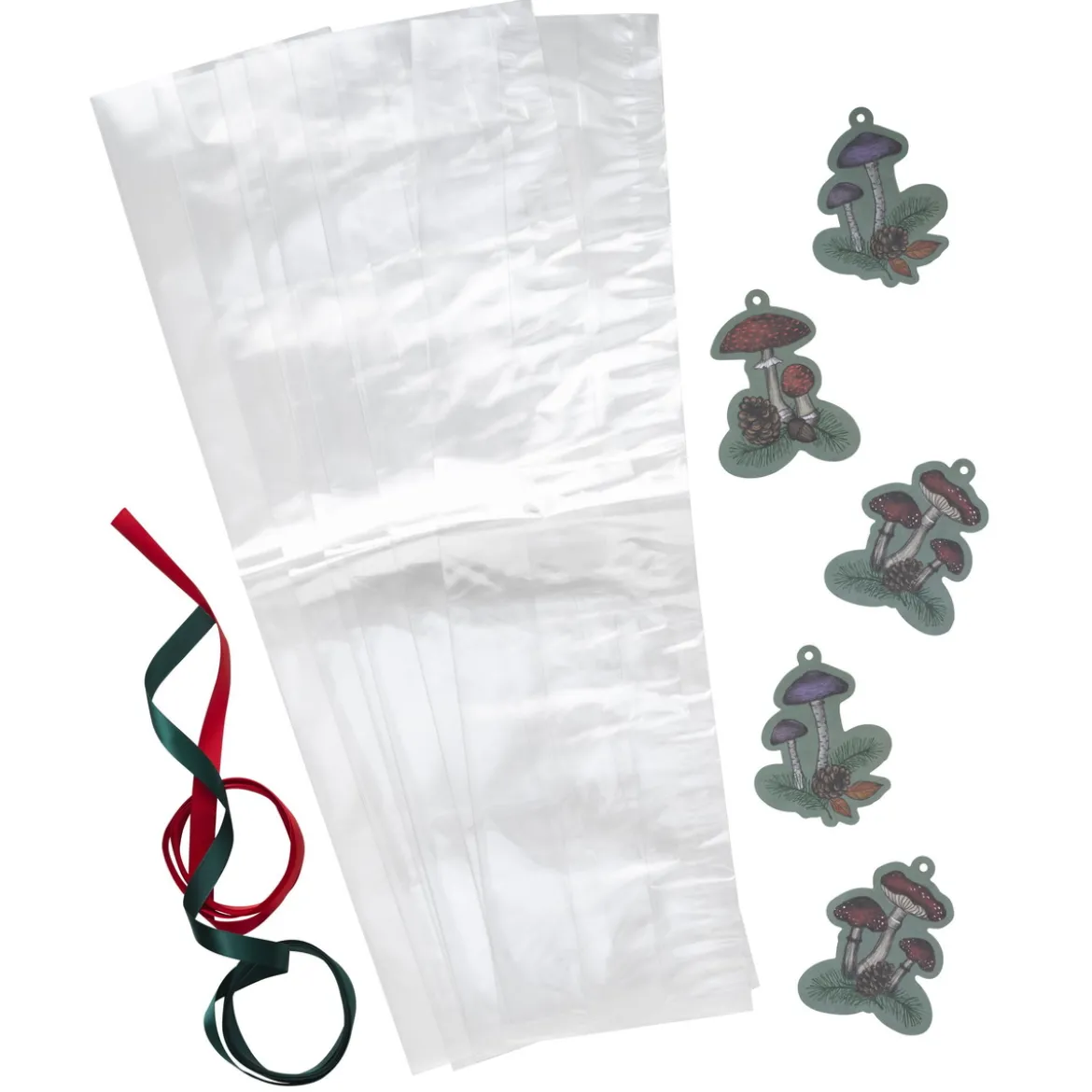 Folierte gaveposer kit 6 stk. 13×48×9 cm, 6 soppmerkelapper og 2×2 m satengbånd