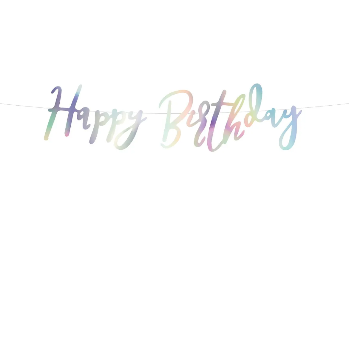 Girlander med «Happy Birthday» i iriserende farge – 62×16,5 cm tekst på 200 cm snor