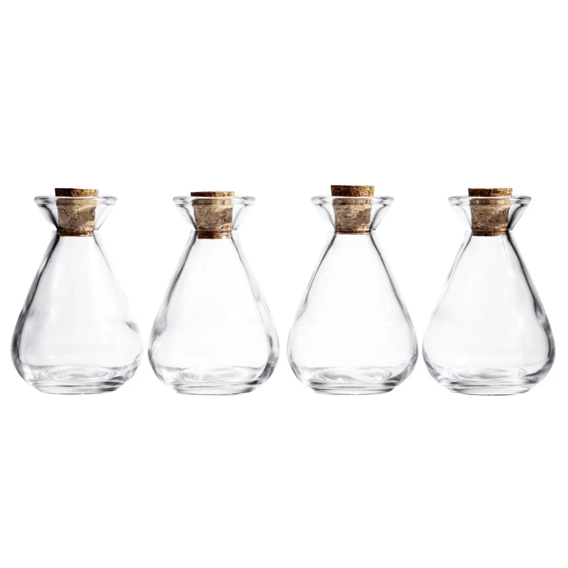 Glassflasker med kork 4-pakning, høyde 10,5 cm, diameter 7 cm, rommer 150 ml