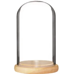 Glasskuppel med trebunn, kuppelen er 9 cm i diameter og 15,5 cm høy