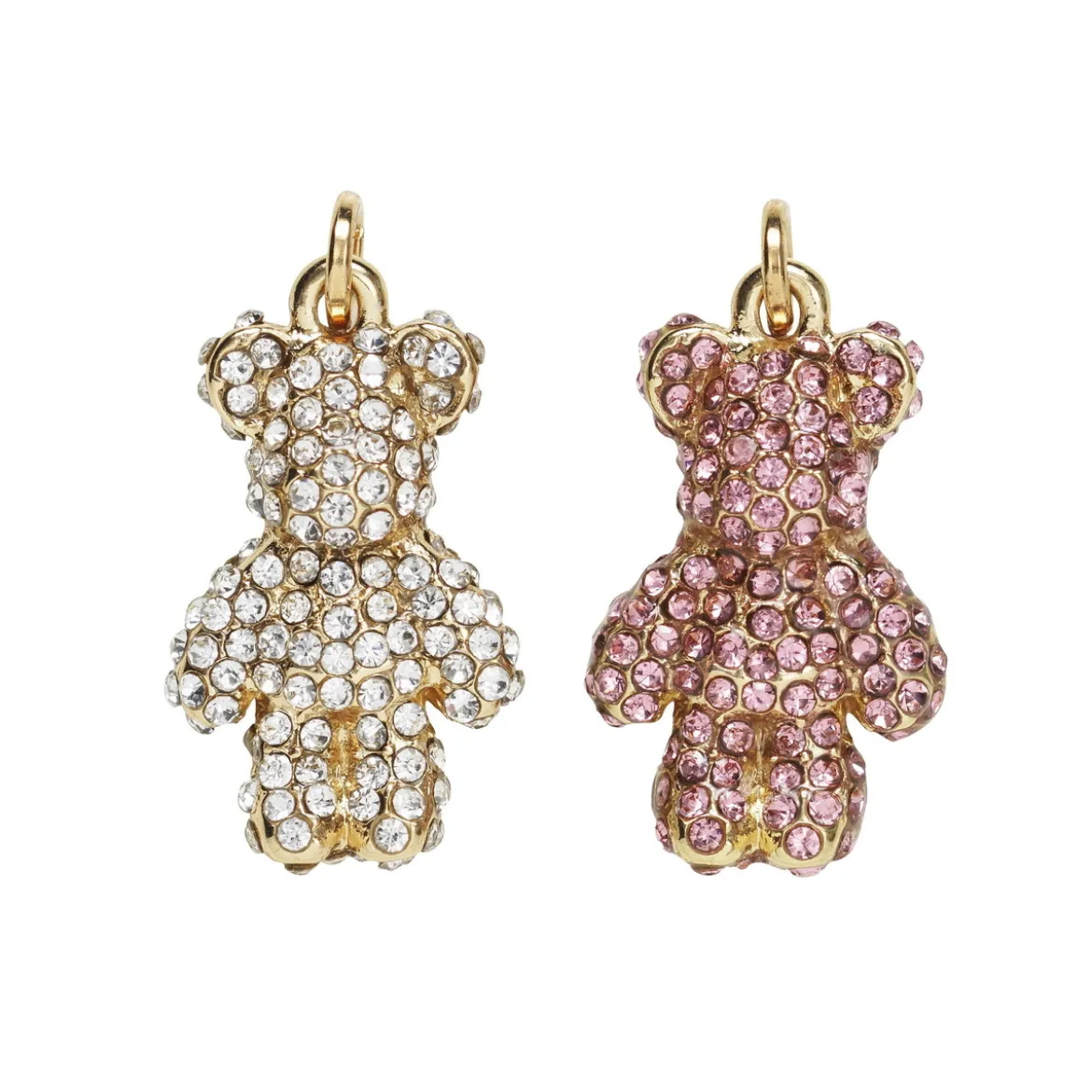 2 gullfargede anheng/charms, bjørner med rosa og transparent strass, 2,5×1,3×0,5 cm
