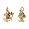 2 gullfargede anheng / charms, blekksprut med svarte øyne 15,5×12 mm, fisk 10×14 mm