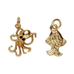 2 gullfargede anheng / charms, blekksprut med svarte øyne 15,5×12 mm, fisk 10×14 mm