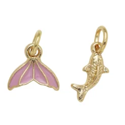 Gullfargede anheng / charms, fisk med strass 6×12 mm, rosa havfrue finne 12×8 mm