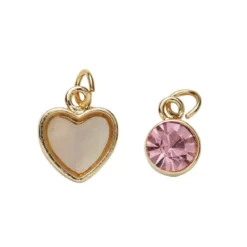 2 gullfargede anheng / charms, hjerte perlemorlook 11,4×12,3 mm, sirkel strass Ø10 mm
