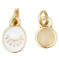 2 gullfargede anheng / charms, hvitt øye 7×9 mm, rosa stein av kvarts Ø7 mm