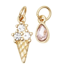 2 gullfargede anheng / charms med strass, iskrem 8×15,5 mm, dråpe 5×7,5 mm