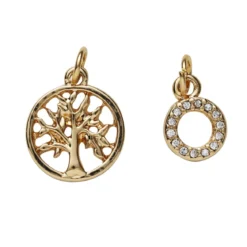 2 gullfargede anheng / charms, sirkel med strass Ø8 mm, tre Ø13 mm