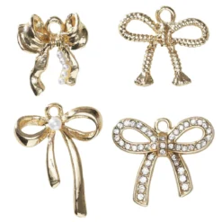 Gullfargede anheng / charms 4 ulike sløyfer med perler og strass