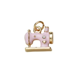 Gullfarget anheng / charm klassisk symaskin med rosa farge og strass 12,5×13 mm