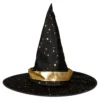 Heksehatt Halloween, svart med glinsende gulldetaljer, barnestørrelse. Ø32 cm, lengde 28 cm