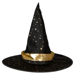 Heksehatt Halloween, svart med glinsende gulldetaljer, barnestørrelse. Ø32 cm, lengde 28 cm
