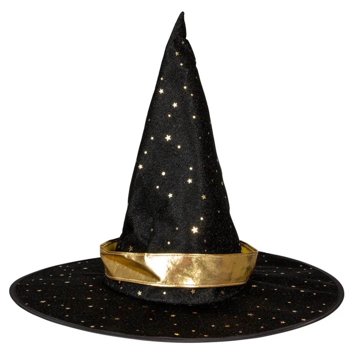 Heksehatt Halloween, svart med glinsende gulldetaljer, barnestørrelse. Ø32 cm, lengde 28 cm