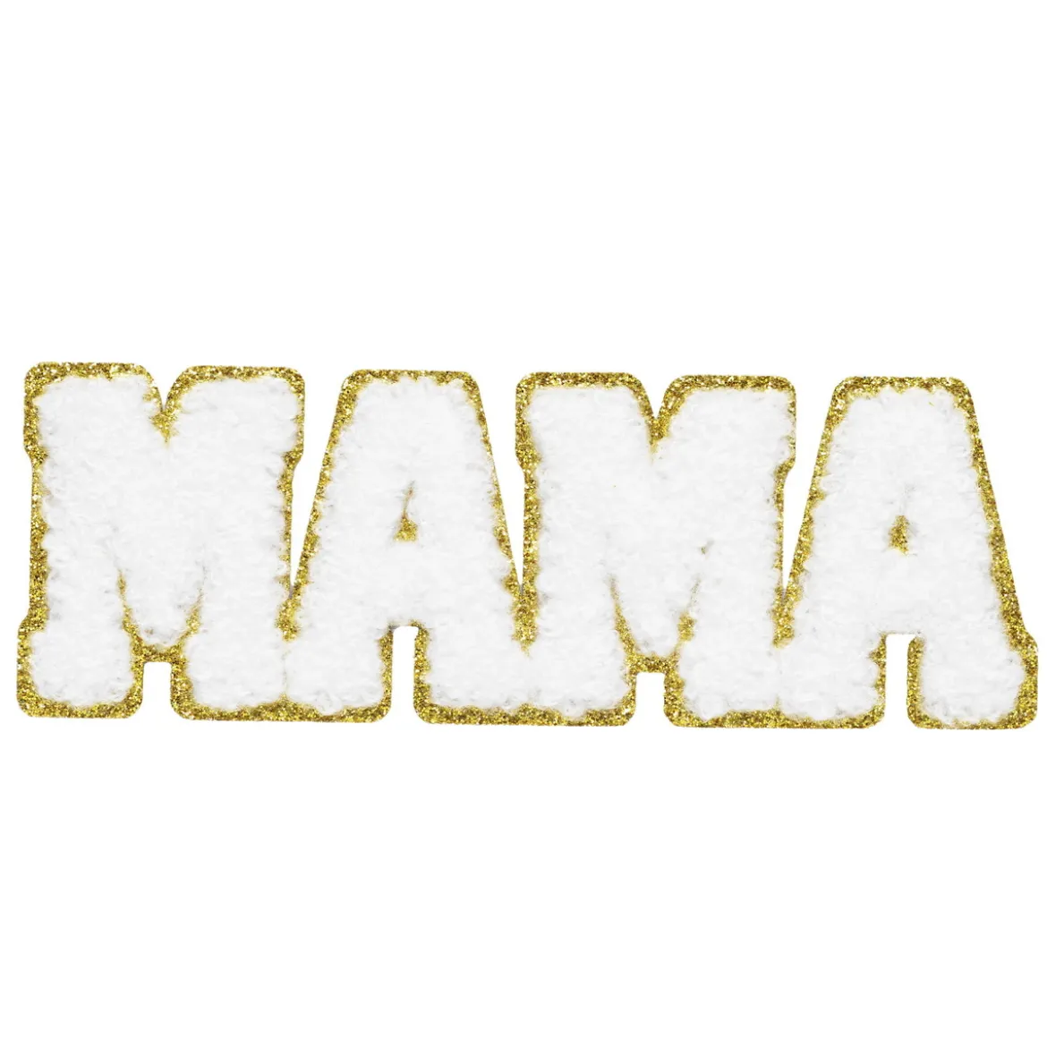 Iron-on stoffmerke MAMA i fluffy frottébokstaver med glitrende gullkant! 110×40 mm